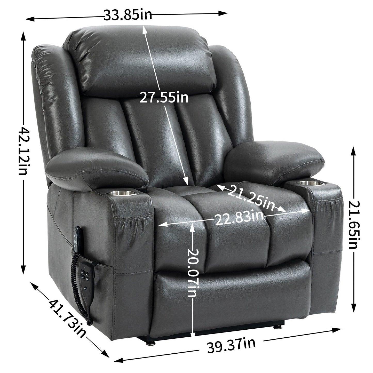 Grey Dual Motor Power Lift Recliner Chair with 8-Point Massage, Lumbar Heat, Stainless Steel Cup Holders, and Side Pockets