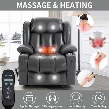Grey Dual Motor Power Lift Recliner Chair with 8-Point Massage, Lumbar Heat, Stainless Steel Cup Holders, and Side Pockets
