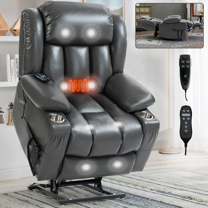Grey Dual Motor Power Lift Recliner Chair with 8-Point Massage, Lumbar Heat, Stainless Steel Cup Holders, and Side Pockets