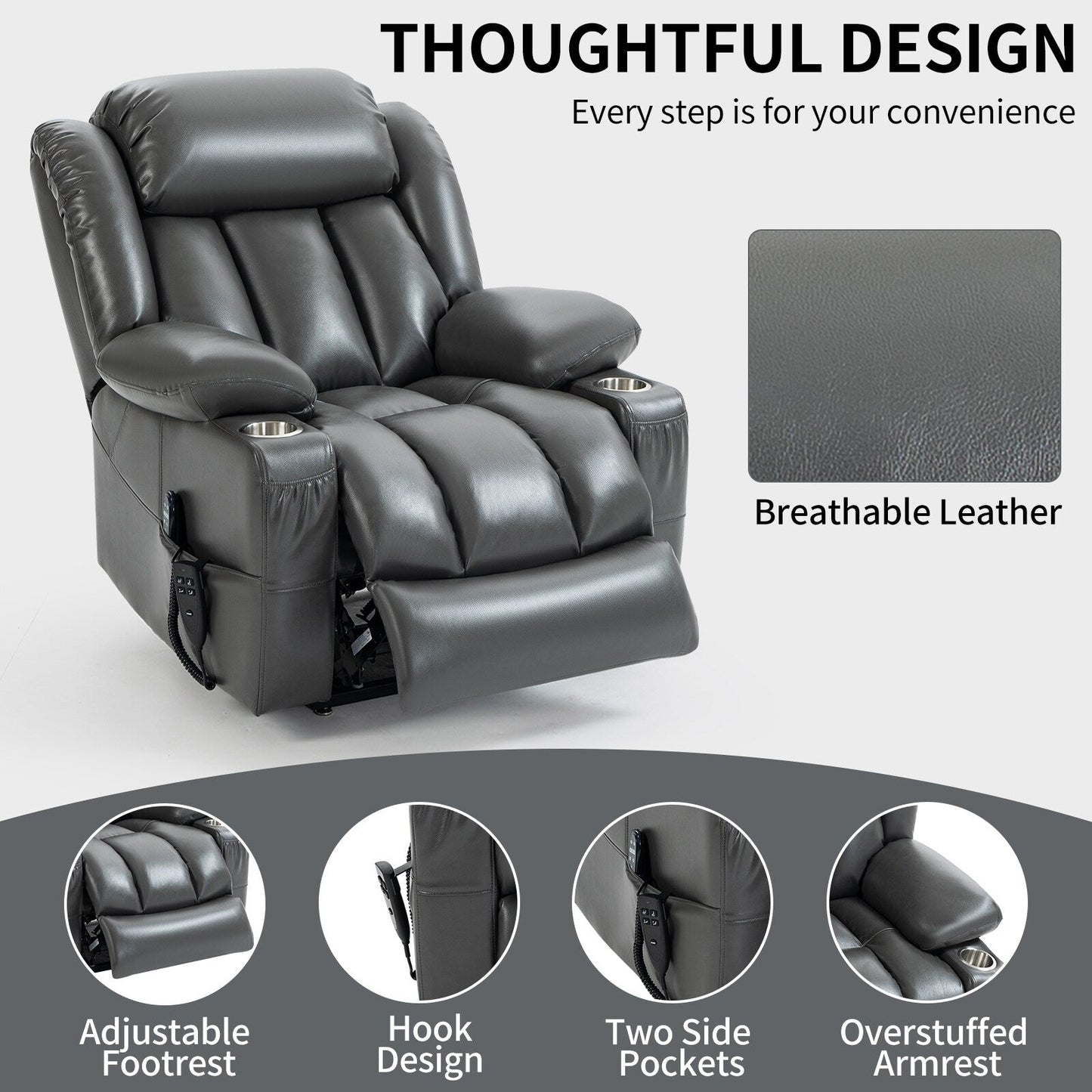 Grey Dual Motor Power Lift Recliner Chair with 8-Point Massage, Lumbar Heat, Stainless Steel Cup Holders, and Side Pockets