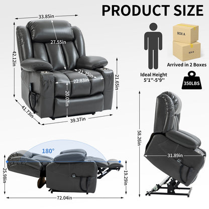 Grey Dual Motor Power Lift Recliner Chair with 8-Point Massage, Lumbar Heat, Stainless Steel Cup Holders, and Side Pockets