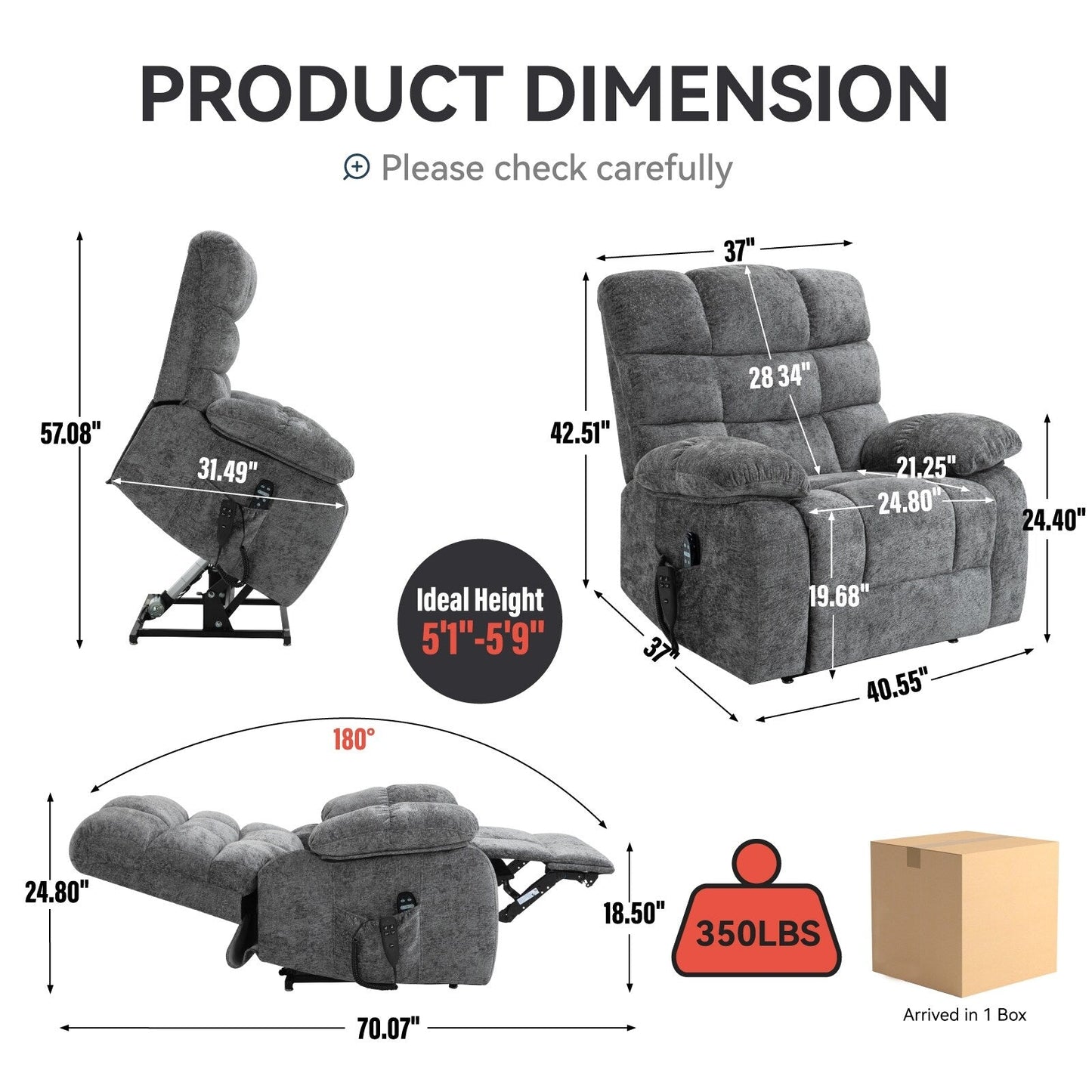 Grey Dual Motor Power Lift Recliner Chair with Heat & Massage, Infinite Position and Remote Control, Up to 350 lbs Capacity