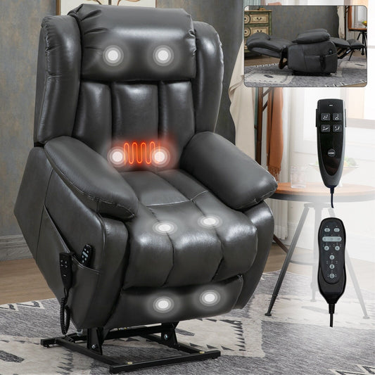 Grey Dual Motor Power Lift Recliner with 180° Recline, 8-Point Vibration Massage, Lumbar Heating, and 350 lb Capacity