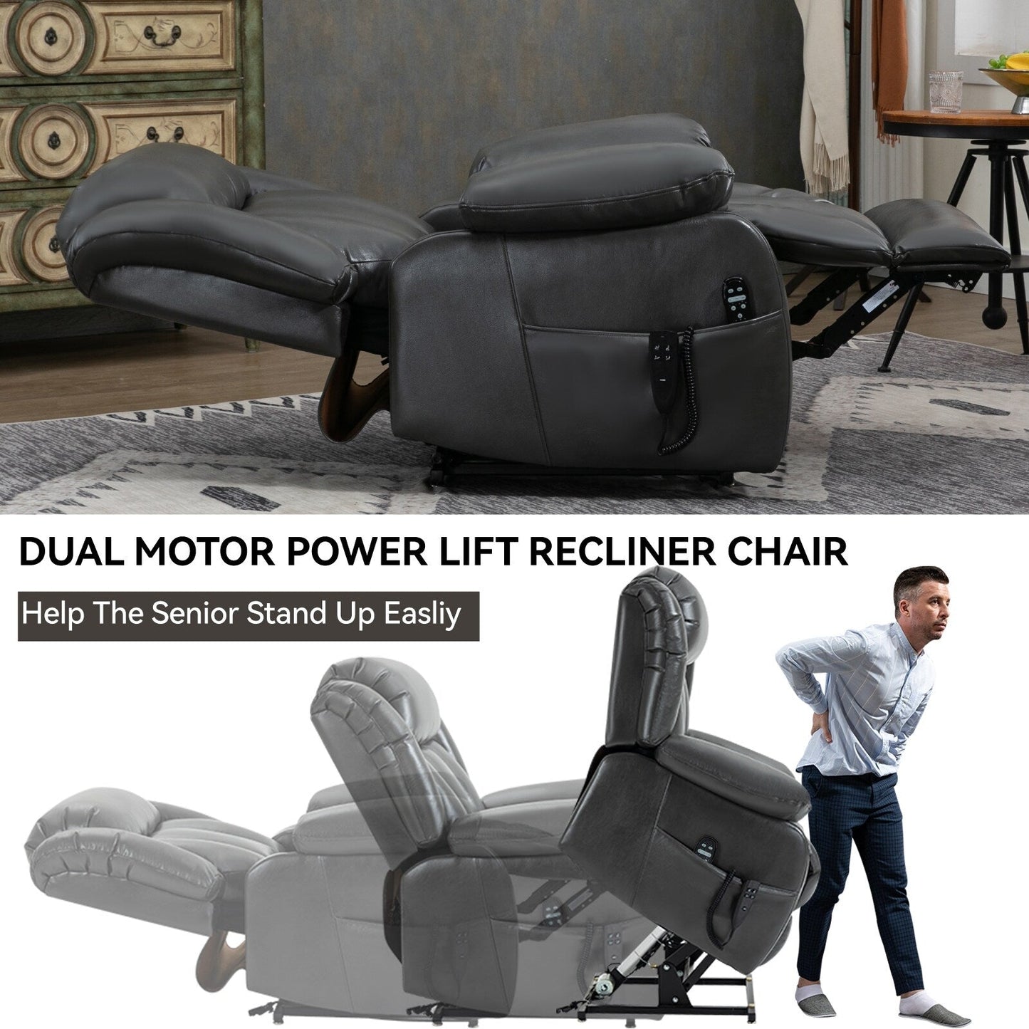 Grey Dual Motor Power Lift Recliner with 180° Recline, 8-Point Vibration Massage, Lumbar Heating, and 350 lb Capacity