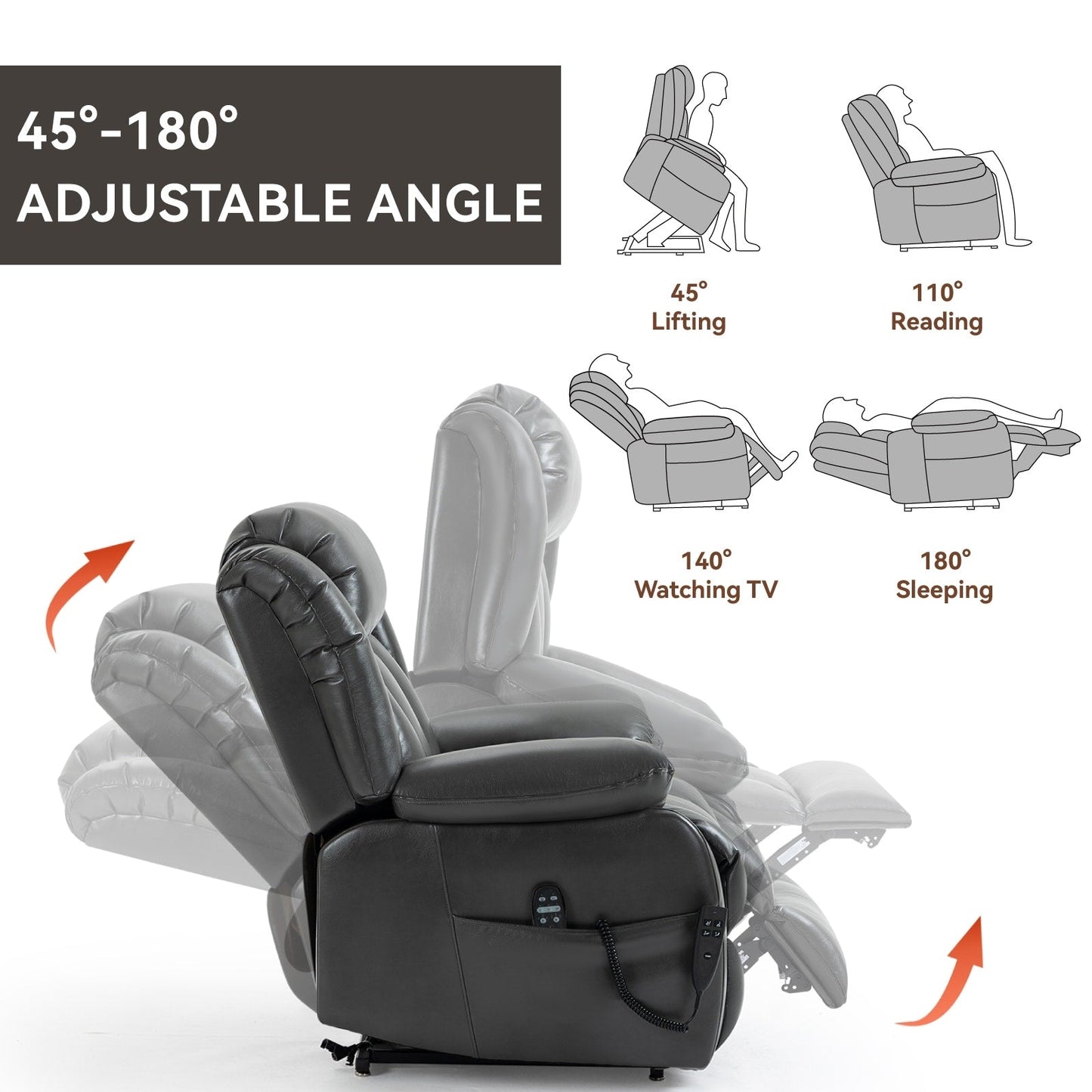 Grey Electric Power Lift Recliner Chair with Dual Motor, Infinite Position Adjustment, Massage & Heat, Supports Up to 350 lbs
