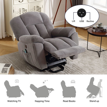 Grey Electric Power Lift Recliner with Heating, Massage, Infinite Positions, USB Charging, and Convenient Side Pockets