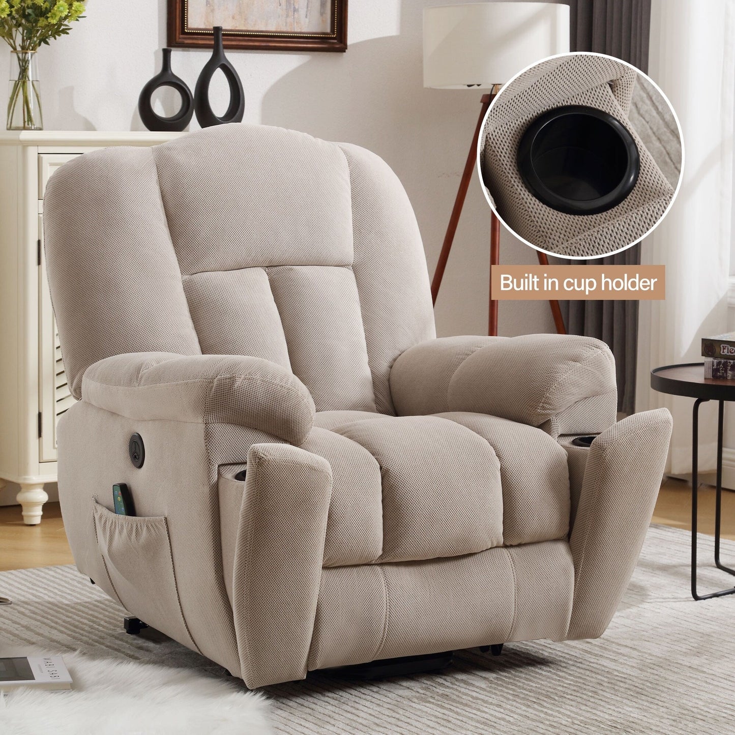 Grey Electric Power Lift Recliner with Heating, Massage, Infinite Positions, USB Charging, and Convenient Side Pockets