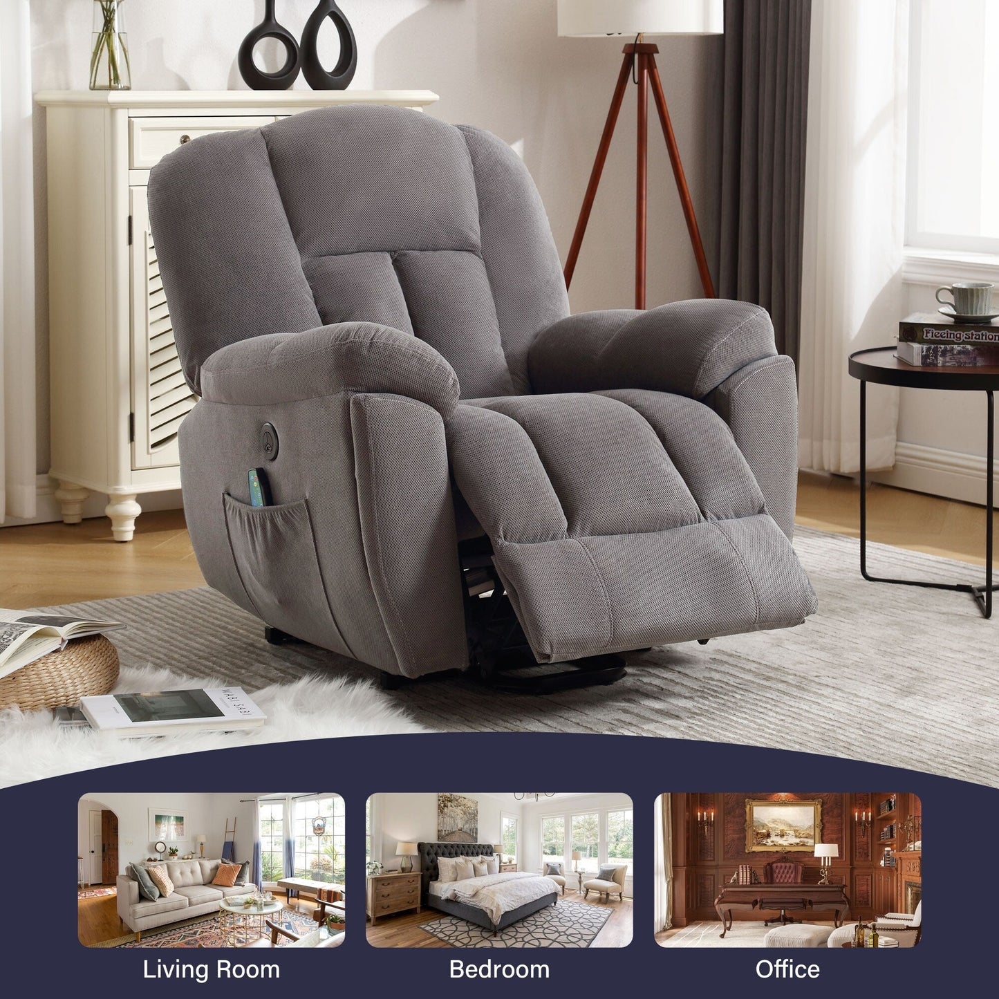 Grey Electric Power Lift Recliner with Heating, Massage, Infinite Positions, USB Charging, and Convenient Side Pockets