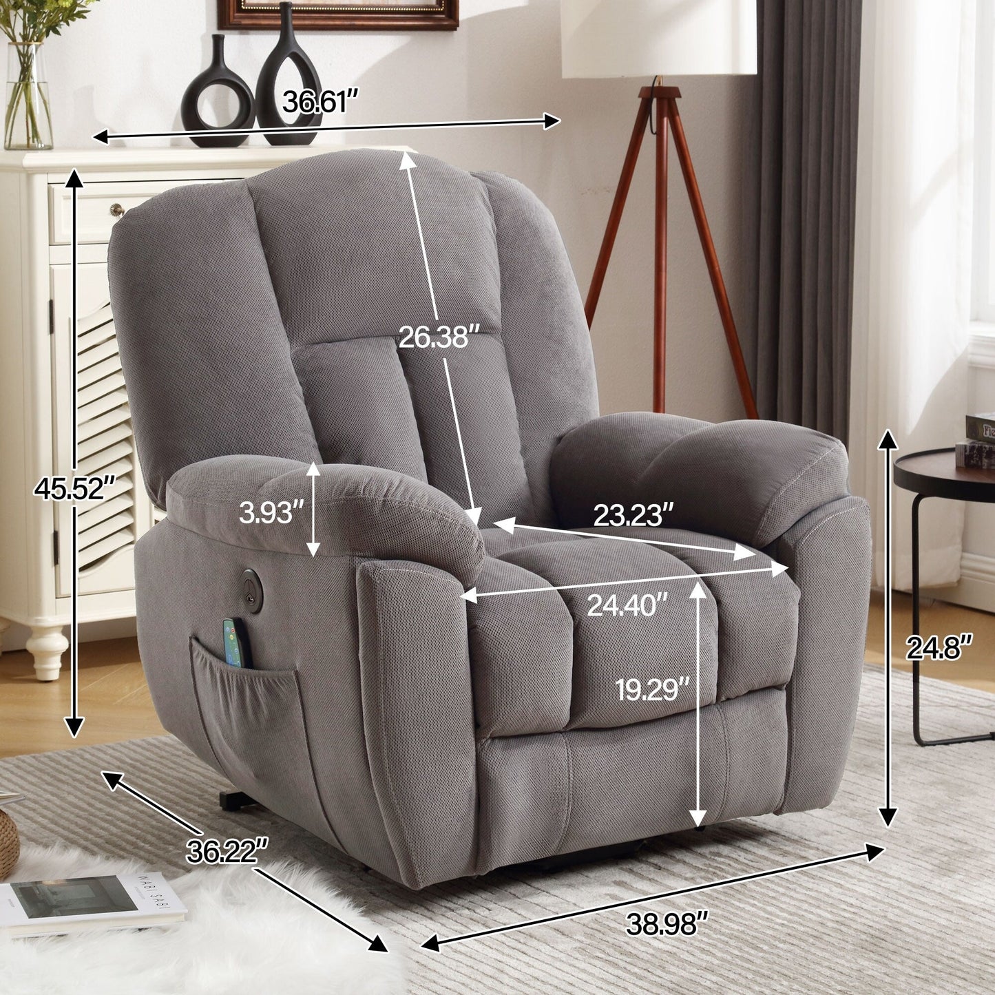 Grey Electric Power Lift Recliner with Heating, Massage, Infinite Positions, USB Charging, and Convenient Side Pockets