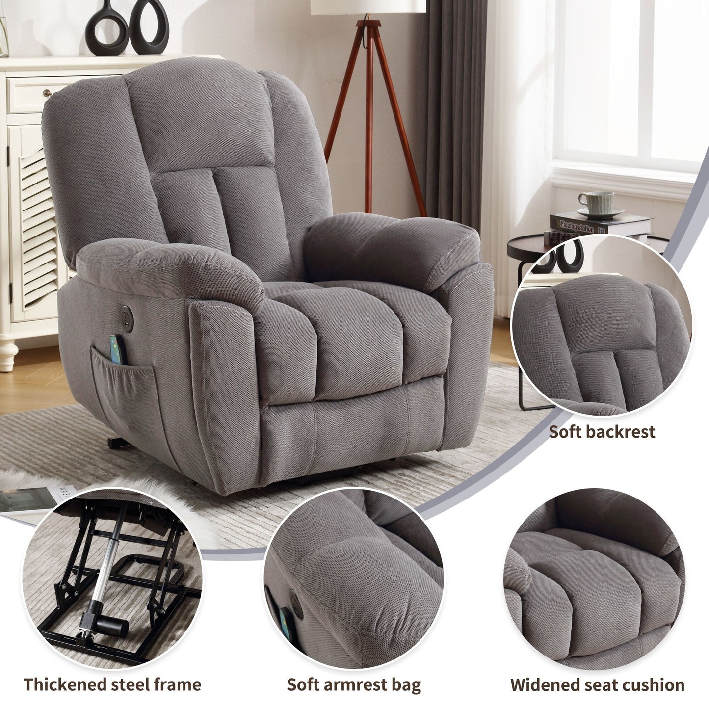 Grey Electric Power Lift Recliner with Heating, Massage, Infinite Positions, USB Charging, and Convenient Side Pockets