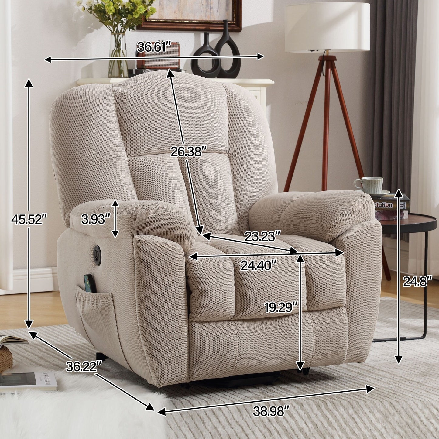 Grey Electric Power Lift Recliner with Heating, Massage, Infinite Positions, USB Charging, and Convenient Side Pockets
