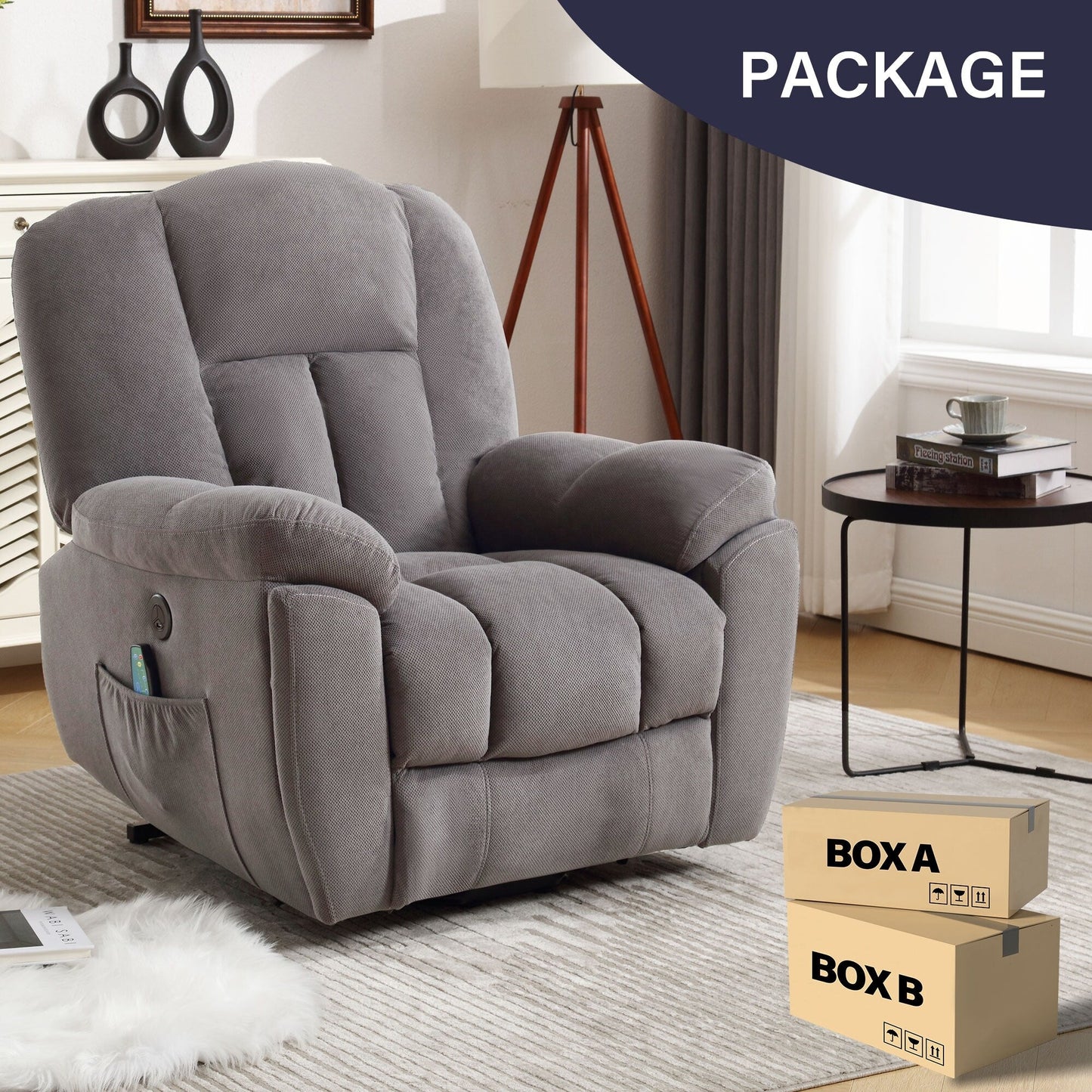 Grey Electric Power Lift Recliner with Heating, Massage, Infinite Positions, USB Charging, and Convenient Side Pockets