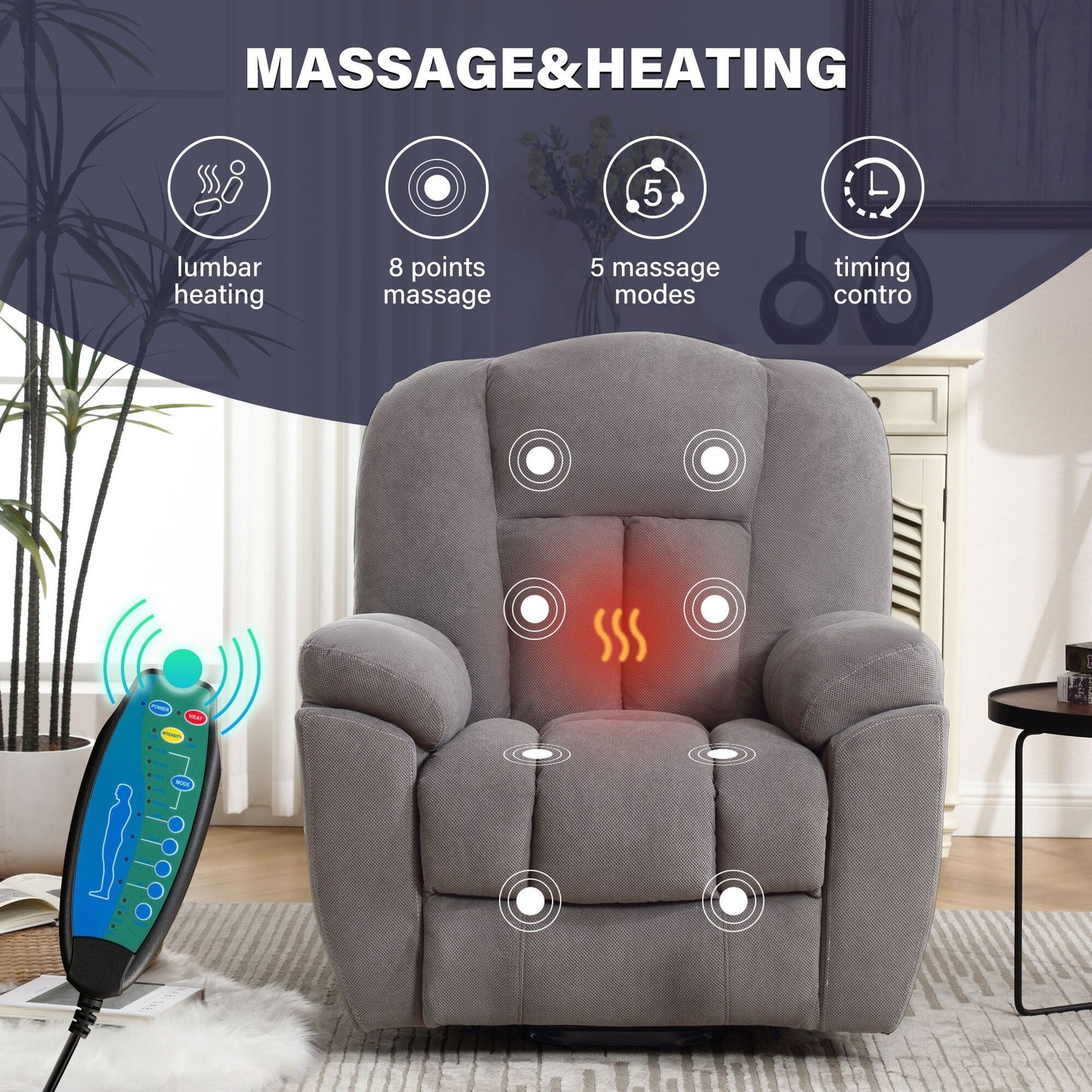 Grey Electric Power Lift Recliner with Heating, Massage, Infinite Positions, USB Charging, and Convenient Side Pockets