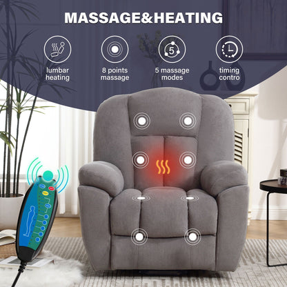 Grey Electric Power Lift Recliner with Heating, Massage, Infinite Positions, USB Charging, and Convenient Side Pockets