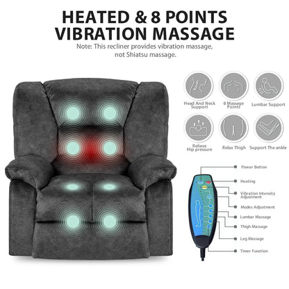 Grey Extra-Wide Recliner Sofa Chair with Full-Body Massage and Lumbar Heating, Sturdy Heavy-Duty Frame, and Adjustable Recline