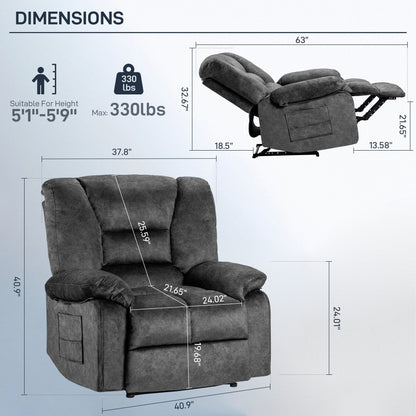 Grey Extra-Wide Recliner Sofa Chair with Full-Body Massage and Lumbar Heating, Sturdy Heavy-Duty Frame, and Adjustable Recline
