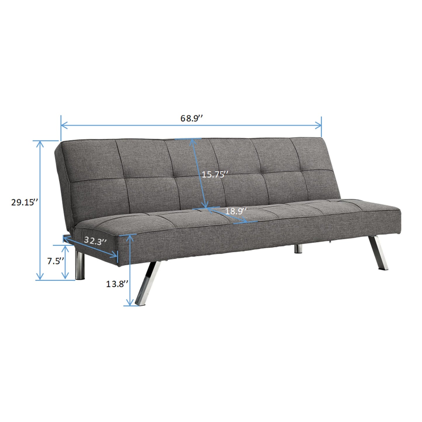 Grey Fabric Loveseat Sofa Bed with Metal Frame