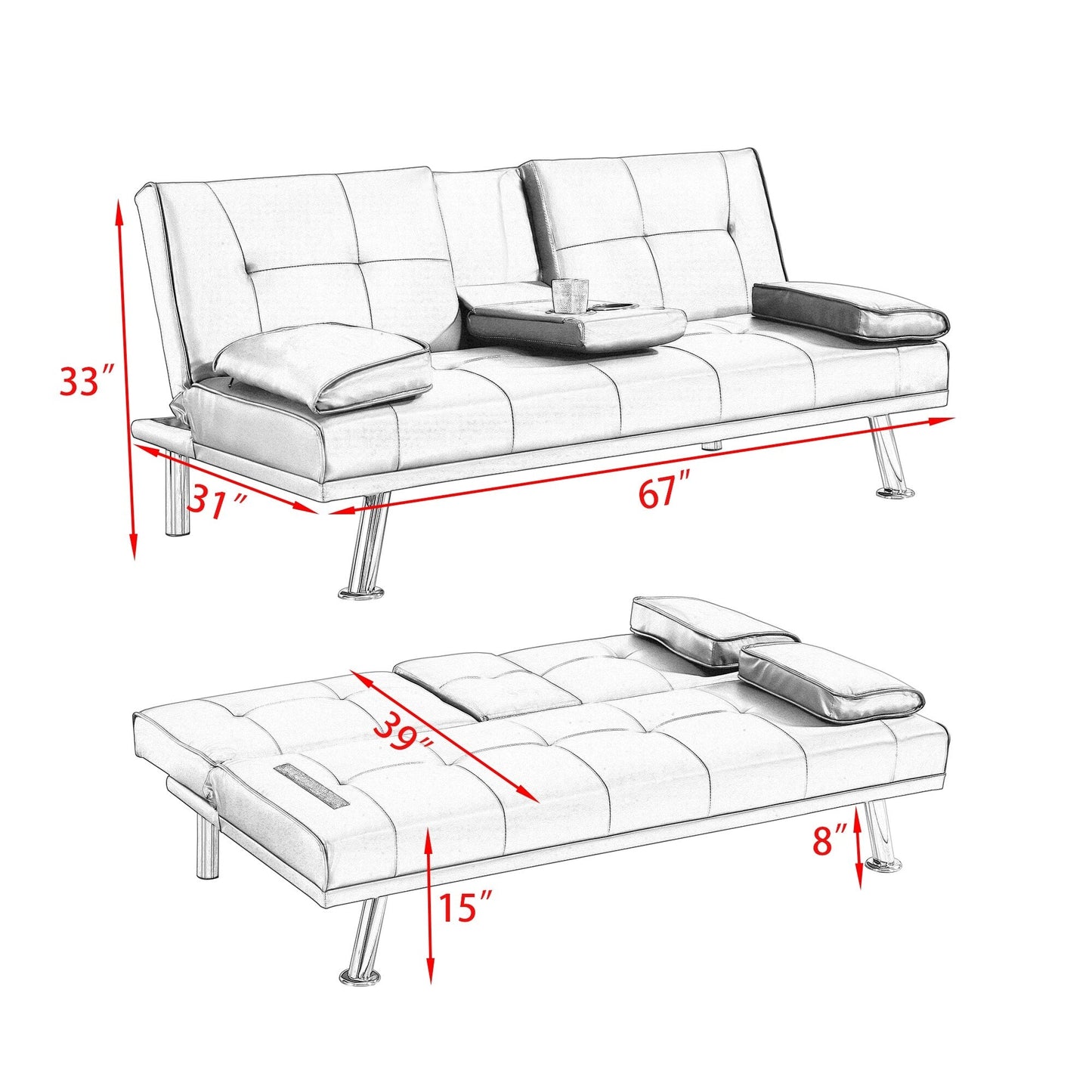Grey Faux Leather Loveseat Sofa Bed with Cup Holder