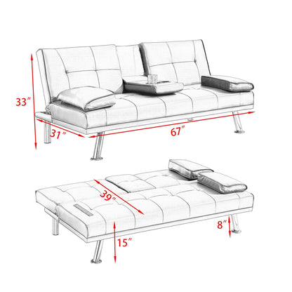 Grey Faux Leather Loveseat Sofa Bed with Cup Holder