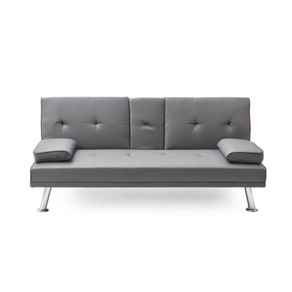 Grey Faux Leather Loveseat Sofa Bed with Cup Holder