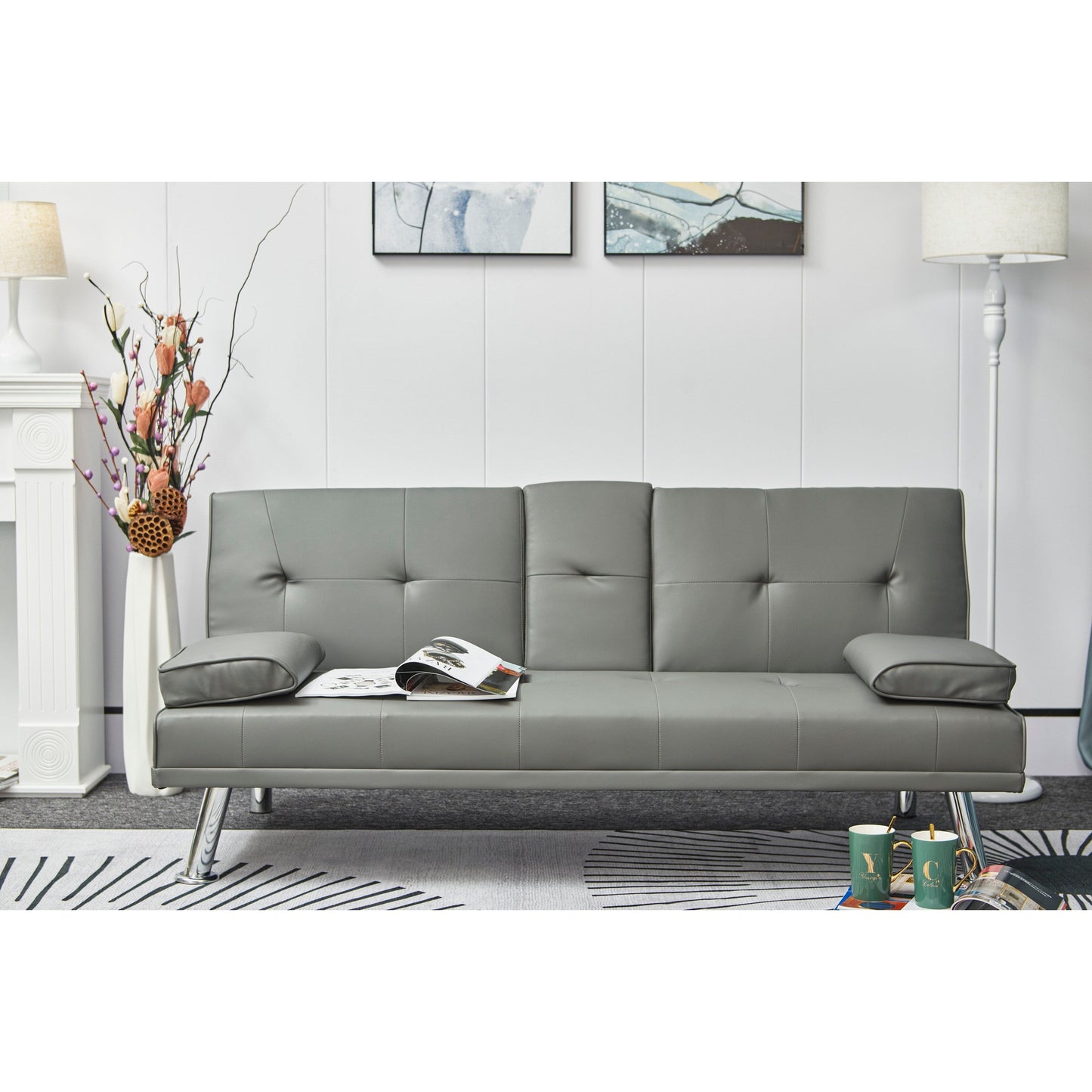 Grey Faux Leather Loveseat Sofa Bed with Cup Holder