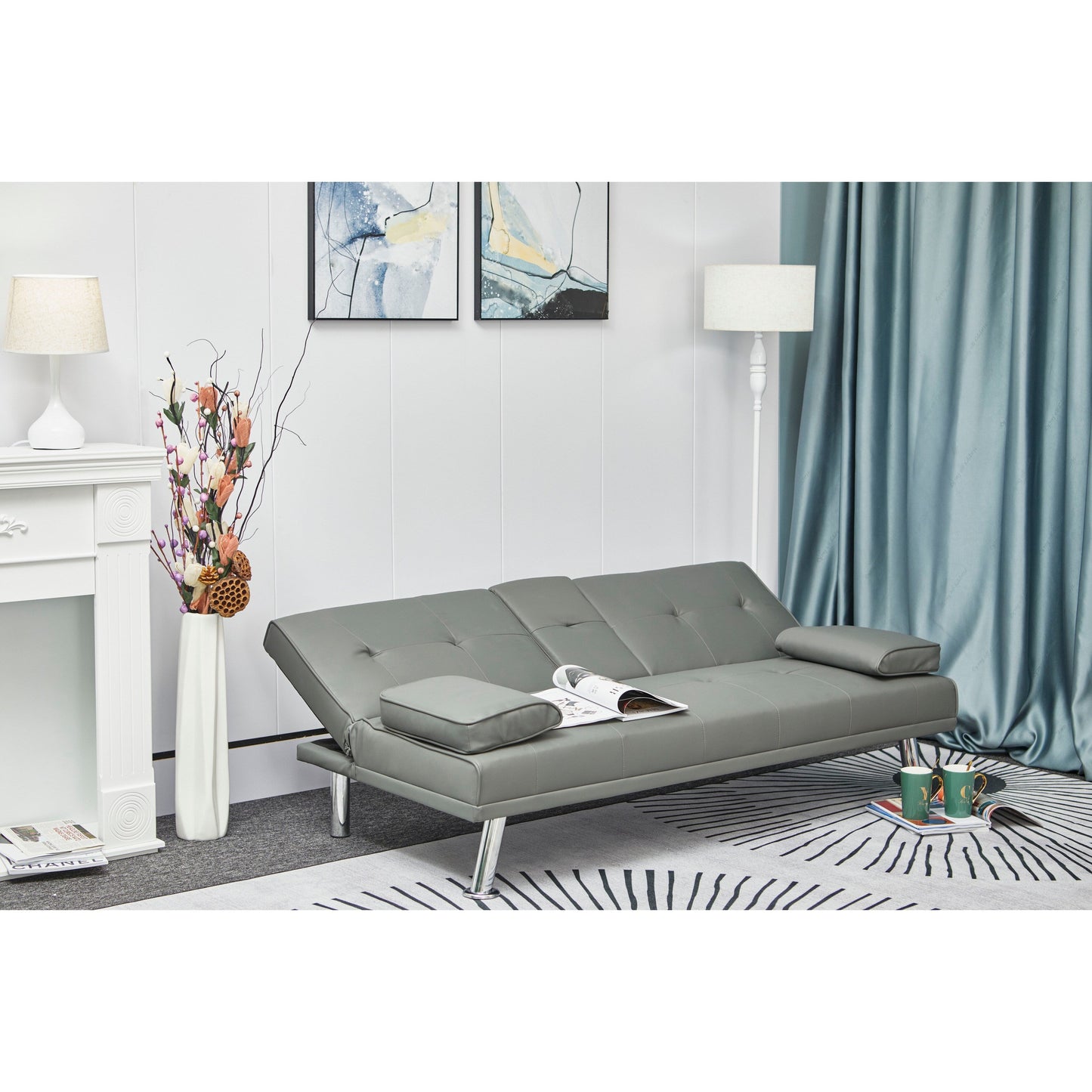 Grey Faux Leather Loveseat Sofa Bed with Cup Holder