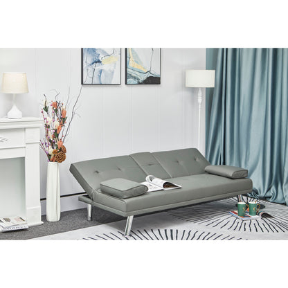 Grey Faux Leather Loveseat Sofa Bed with Cup Holder