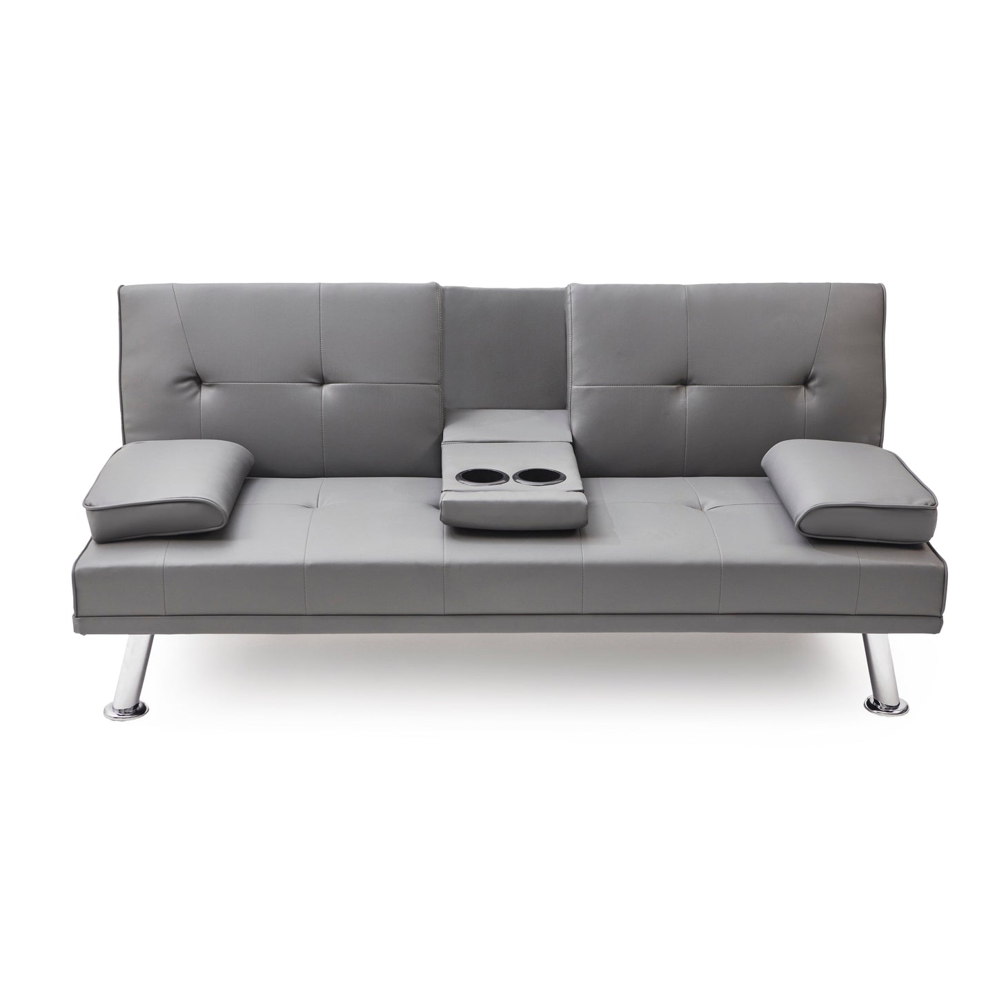 Grey Faux Leather Loveseat Sofa Bed with Cup Holder