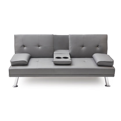 Grey Faux Leather Loveseat Sofa Bed with Cup Holder