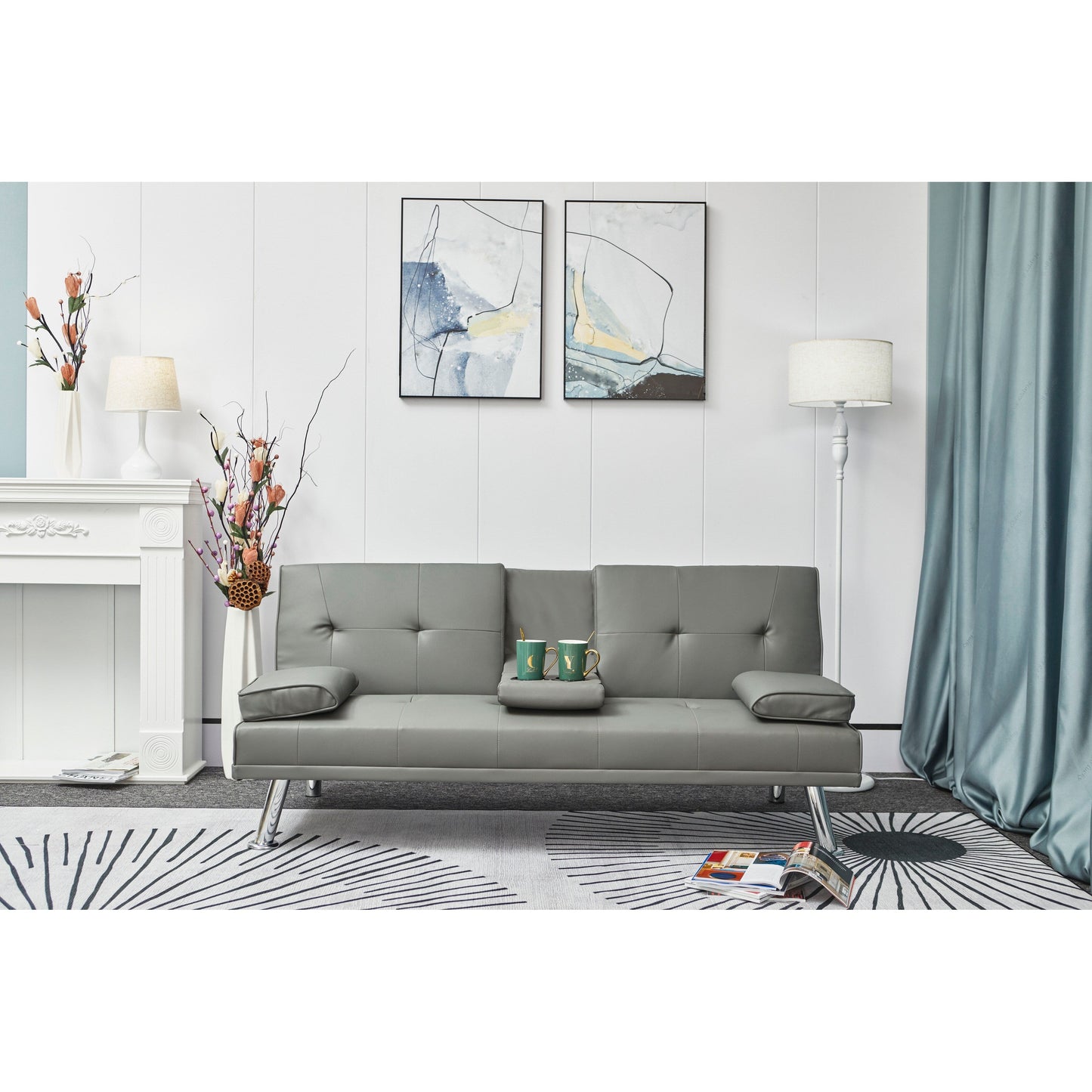 Grey Faux Leather Loveseat Sofa Bed with Cup Holder