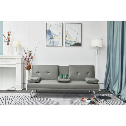 Grey Faux Leather Loveseat Sofa Bed with Cup Holder