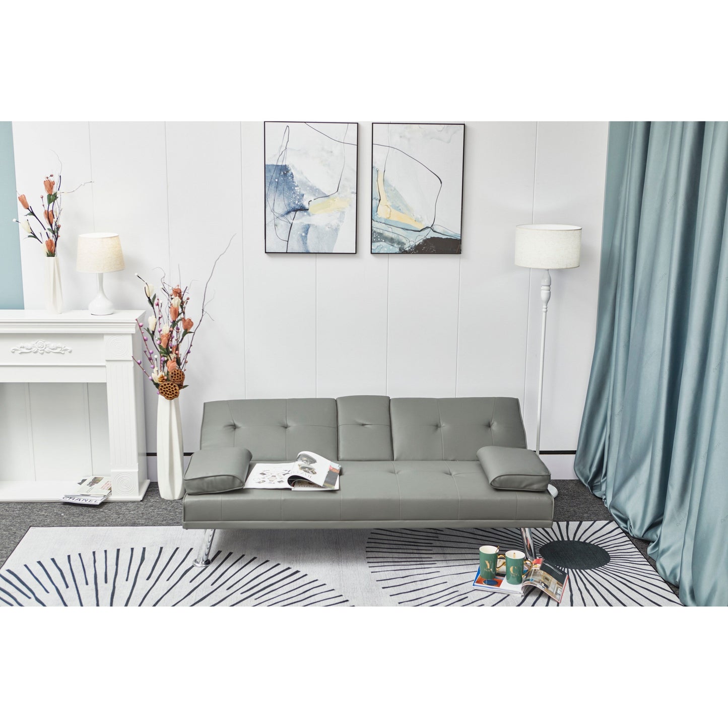 Grey Faux Leather Loveseat Sofa Bed with Cup Holder