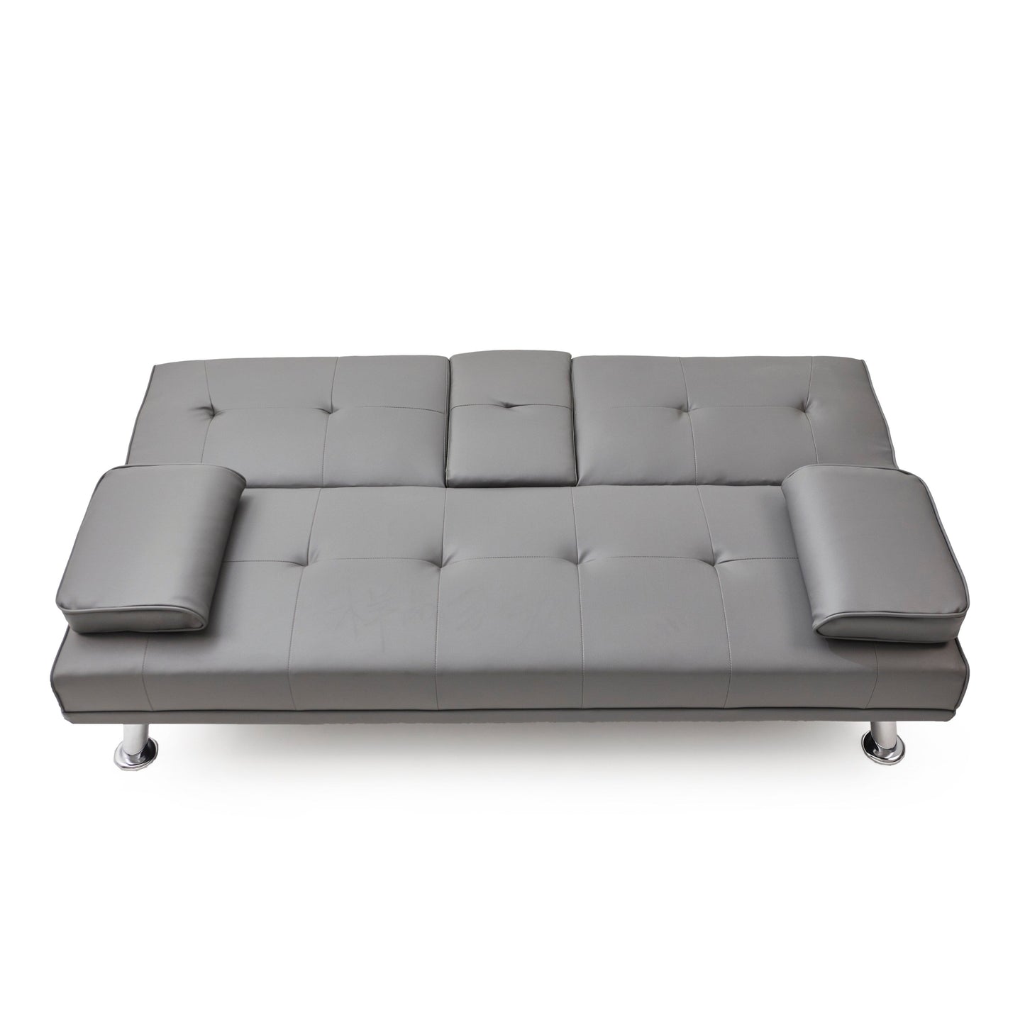 Grey Faux Leather Loveseat Sofa Bed with Cup Holder
