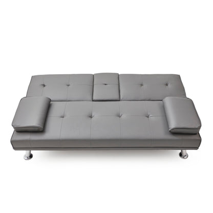 Grey Faux Leather Loveseat Sofa Bed with Cup Holder