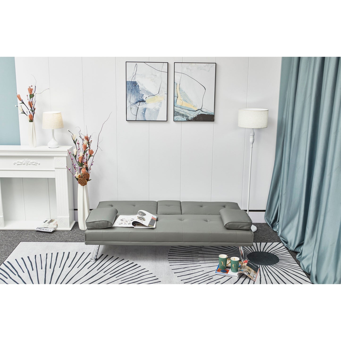 Grey Faux Leather Loveseat Sofa Bed with Cup Holder