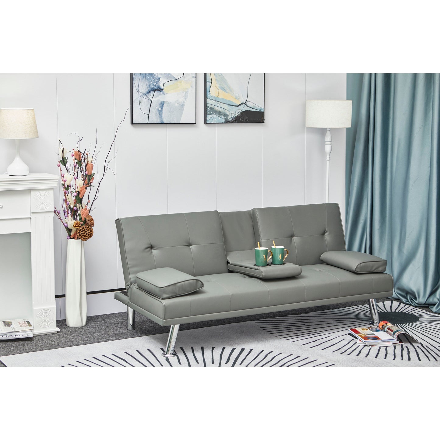 Grey Faux Leather Loveseat Sofa Bed with Cup Holder