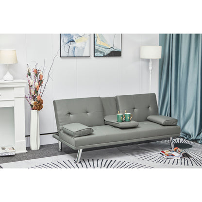 Grey Faux Leather Loveseat Sofa Bed with Cup Holder