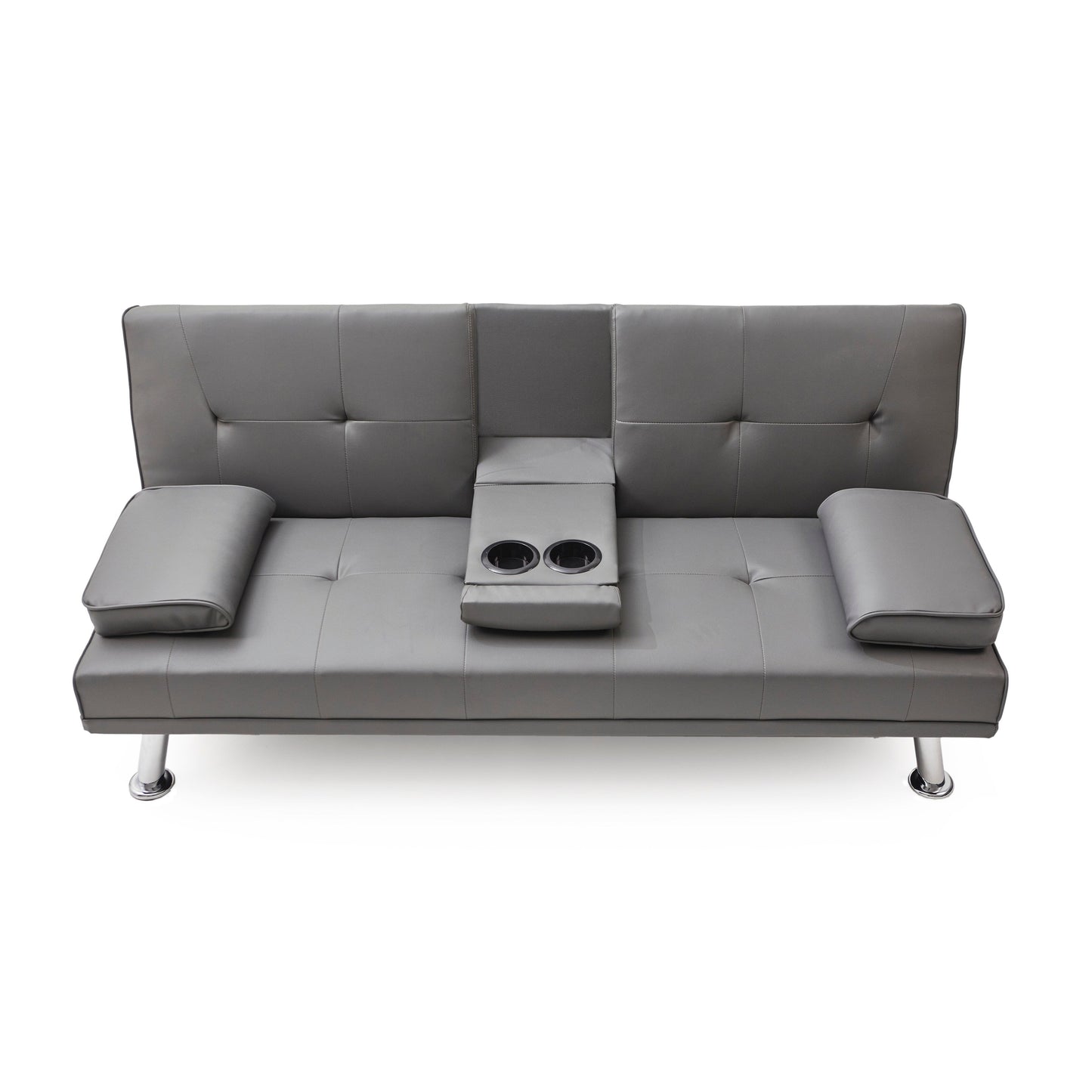 Grey Faux Leather Loveseat Sofa Bed with Cup Holder