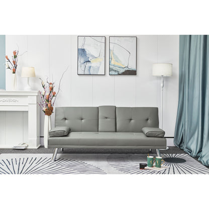 Grey Faux Leather Loveseat Sofa Bed with Cup Holder