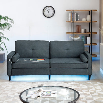 Grey Linen 3-seater Sofa with LED Lights and USB Ports