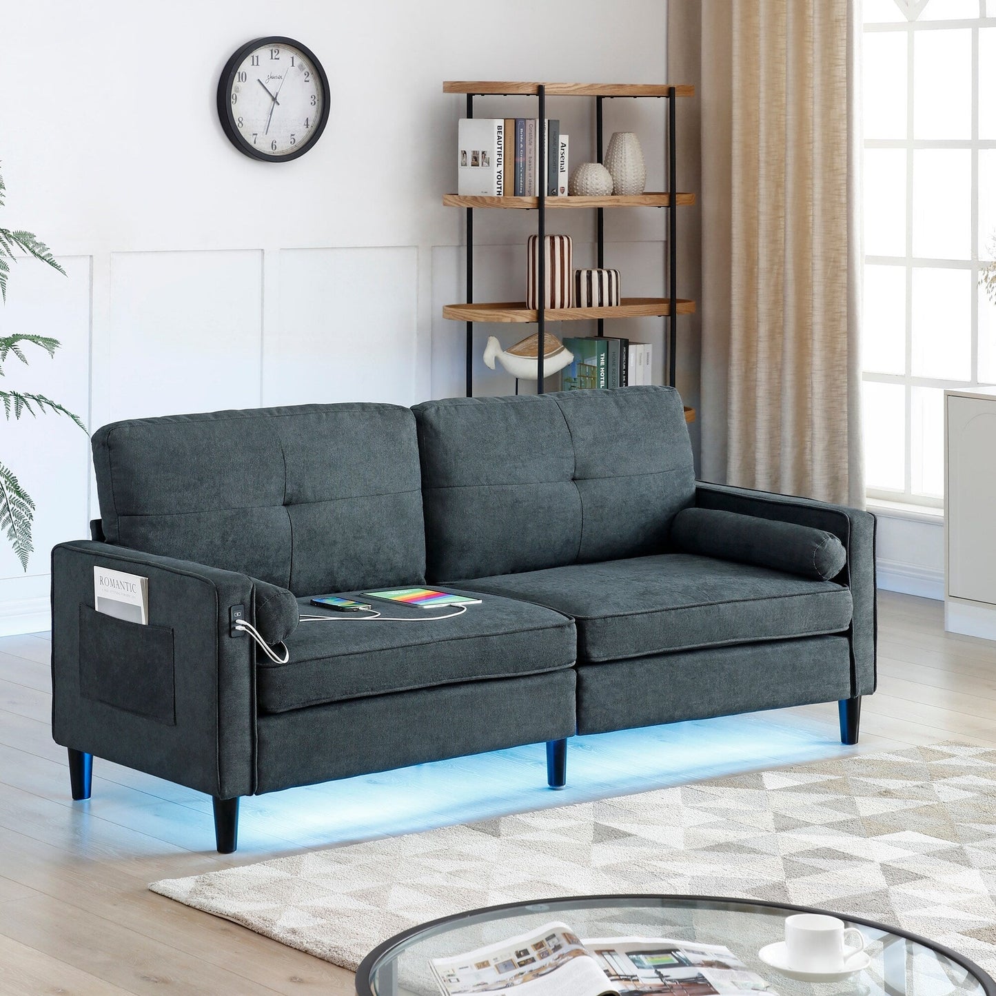 Grey Linen 3-seater Sofa with LED Lights and USB Ports