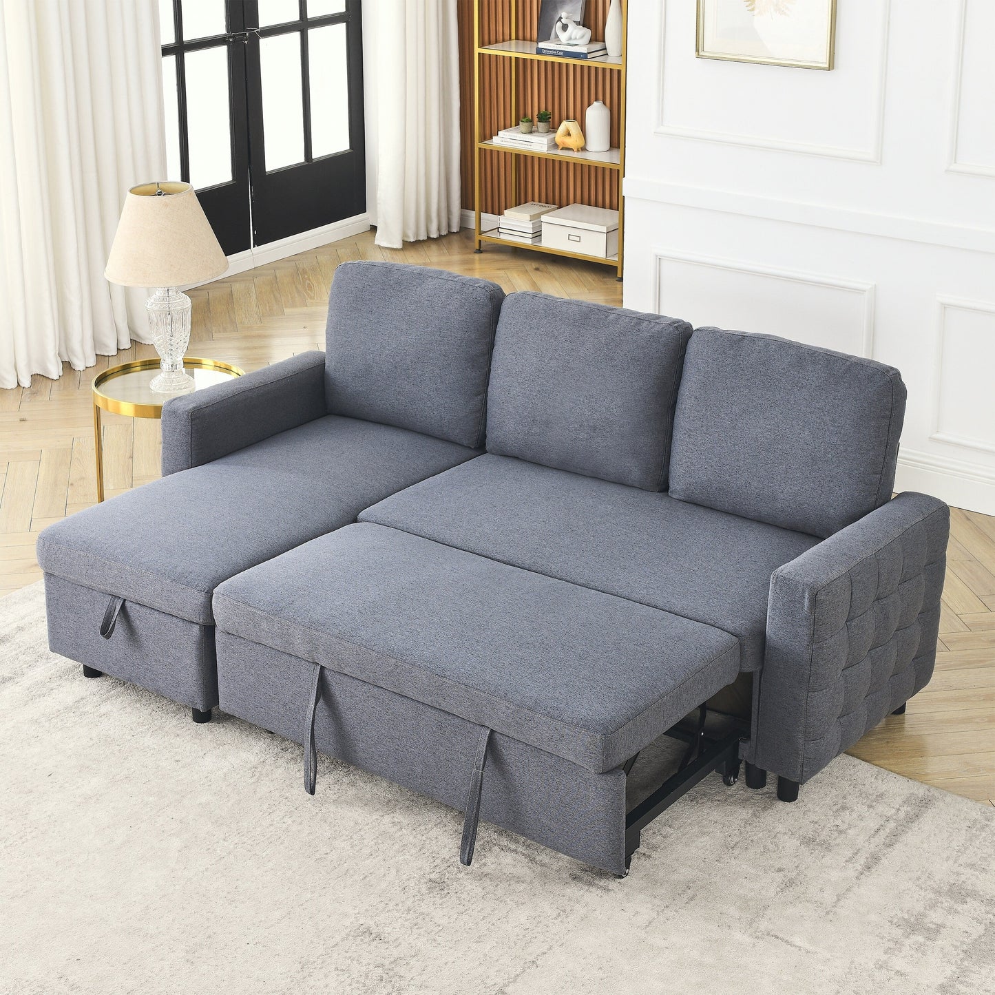 Grey Linen 78.8'' Sectional Sofa with Reversible Chaise, Storage Compartment, and High-Density Foam Seating