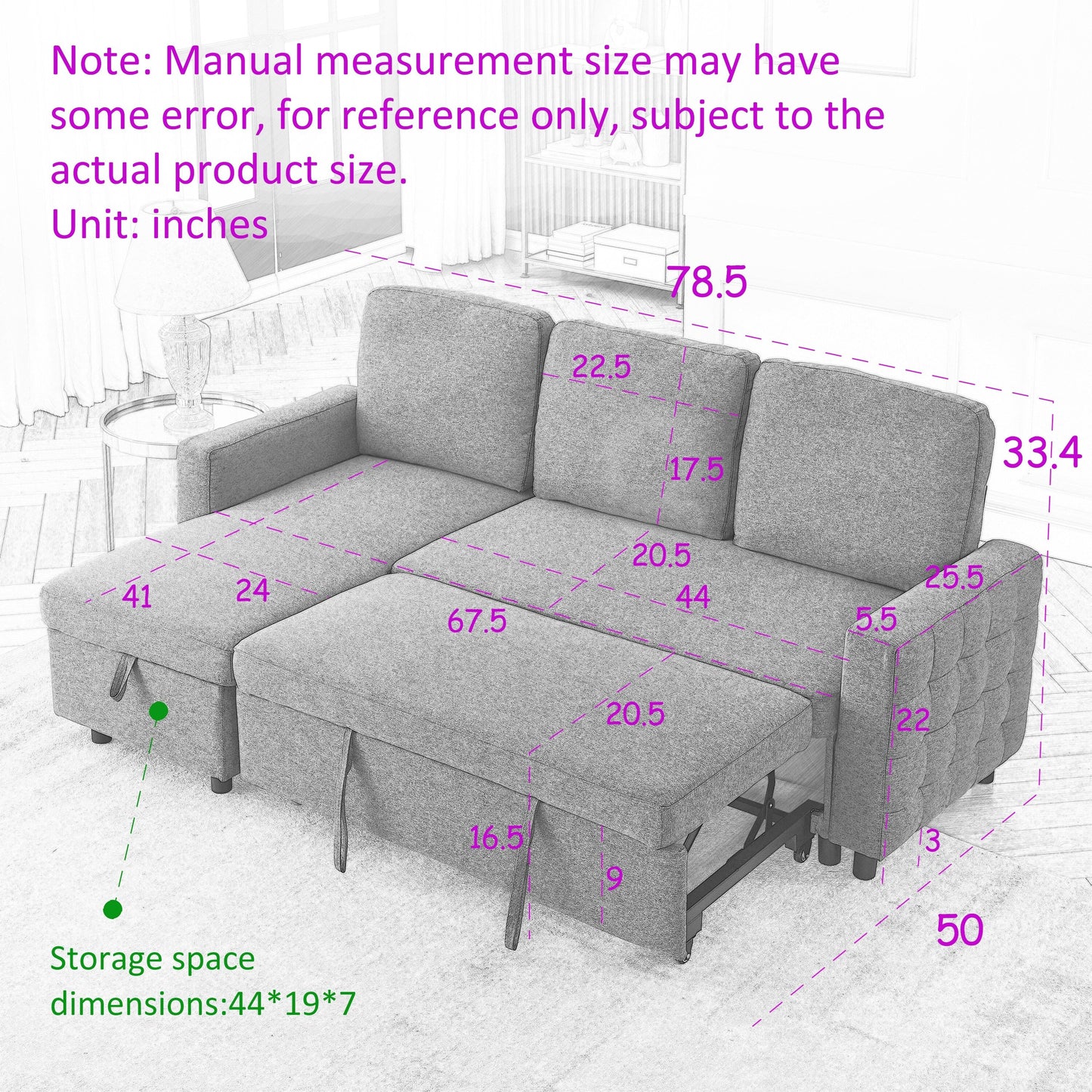 Grey Linen 78.8'' Sectional Sofa with Reversible Chaise, Storage Compartment, and High-Density Foam Seating