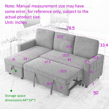 Grey Linen 78.8'' Sectional Sofa with Reversible Chaise, Storage Compartment, and High-Density Foam Seating