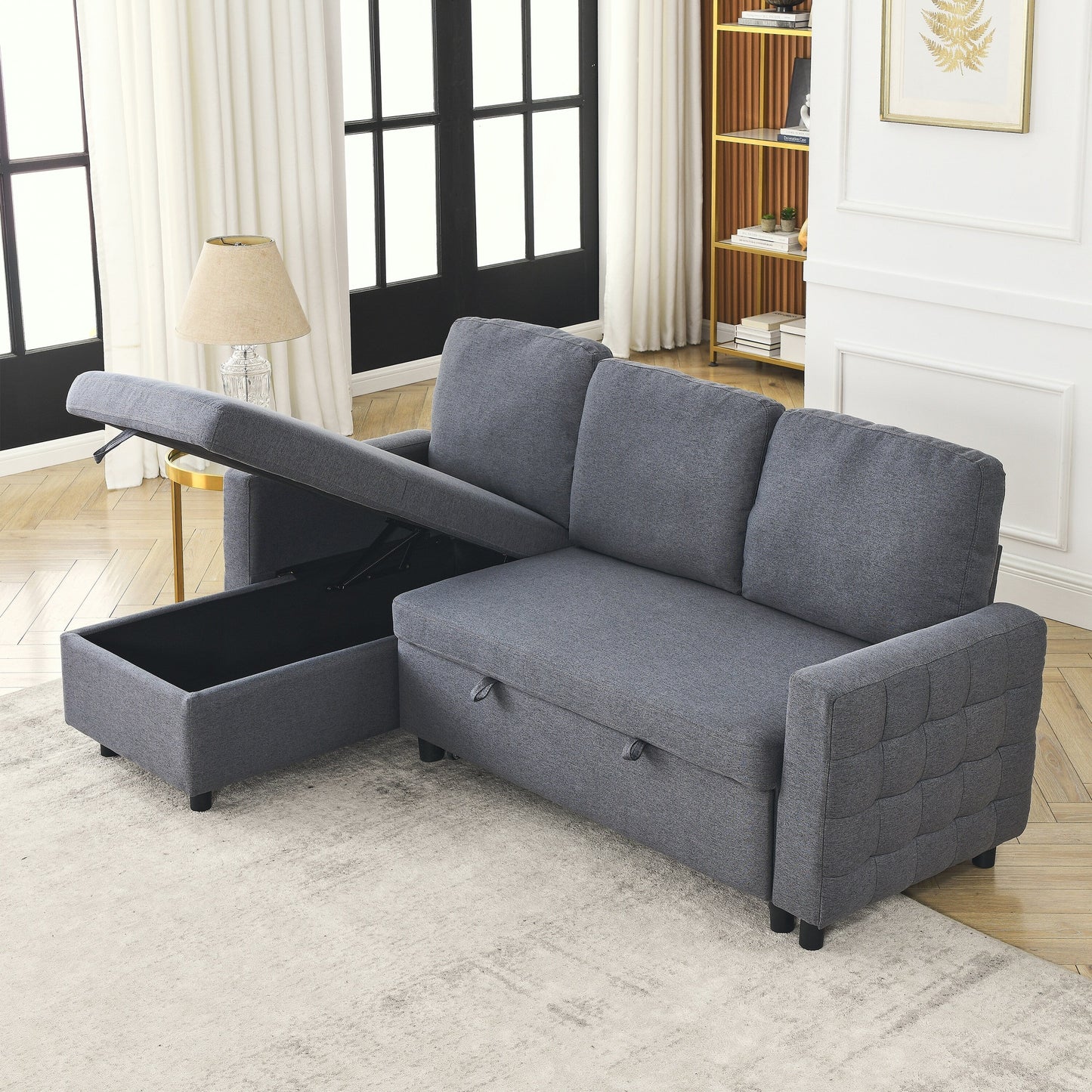 Grey Linen 78.8'' Sectional Sofa with Reversible Chaise, Storage Compartment, and High-Density Foam Seating