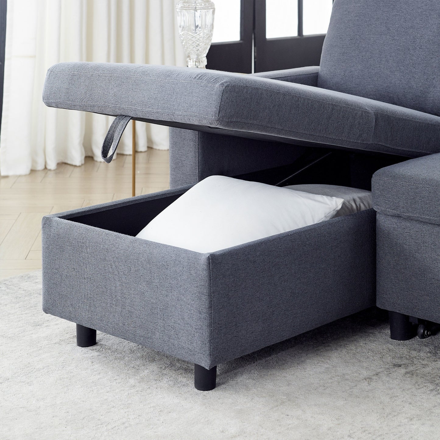Grey Linen 78.8'' Sectional Sofa with Reversible Chaise, Storage Compartment, and High-Density Foam Seating