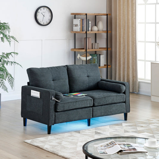 Grey Linen Loveseat Sofa with LED Lights and USB Ports