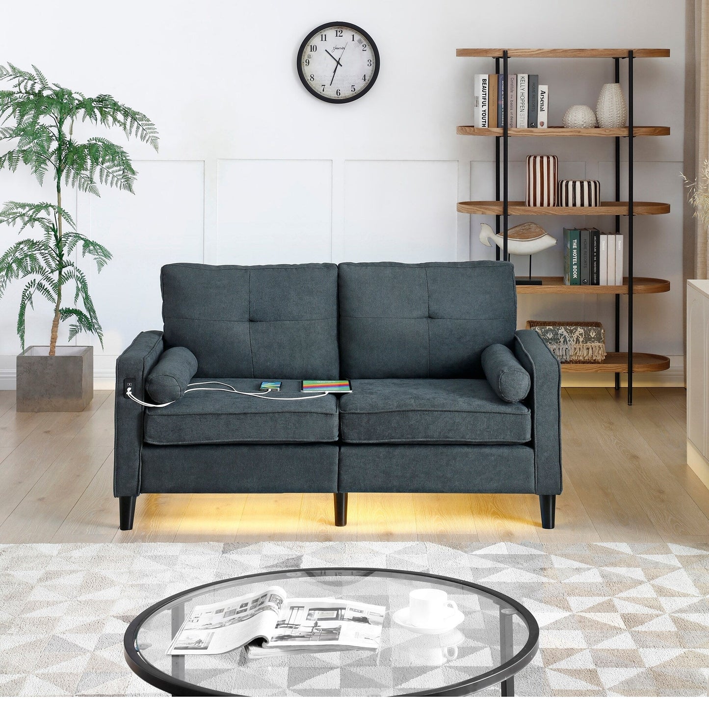 Grey Linen Loveseat Sofa with LED Lights and USB Ports
