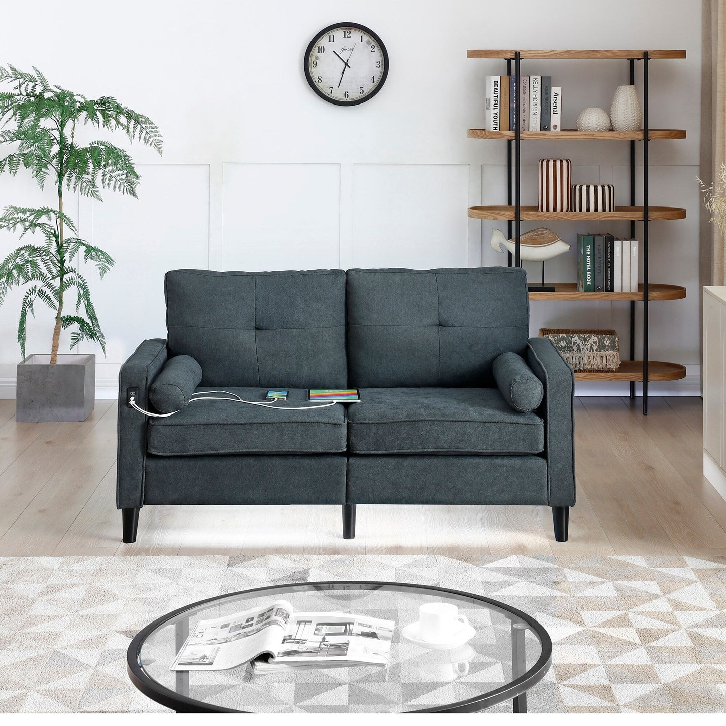 Grey Linen Loveseat Sofa with LED Lights and USB Ports