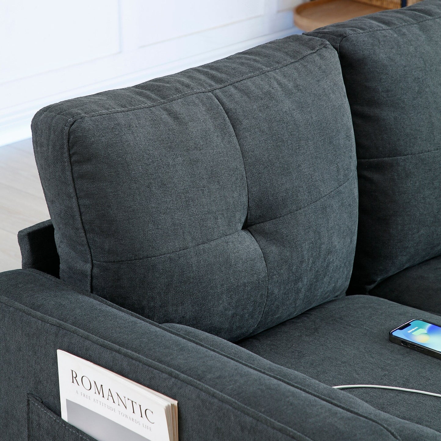 Grey Linen Loveseat Sofa with LED Lights and USB Ports